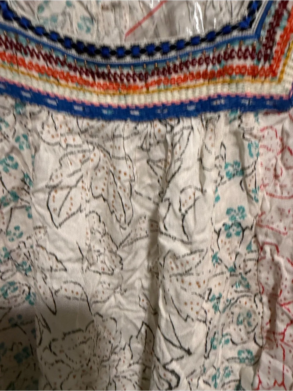 NWTMaeve Cream Embroidered Square-Neck Top with Orange Tassels and Blue Trim